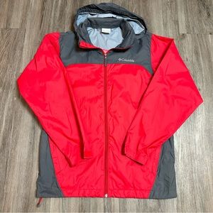 Columbia zip up red gray hooded packable hood windbreaker jacket
